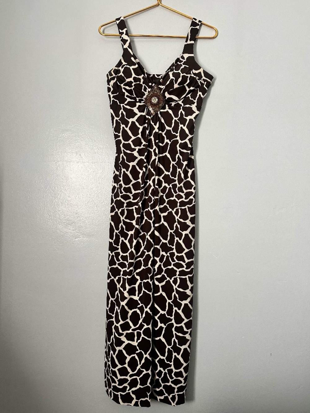 Heart Soul Giraffe Print Stretch Maxi Dress Boho Halter Brown White
